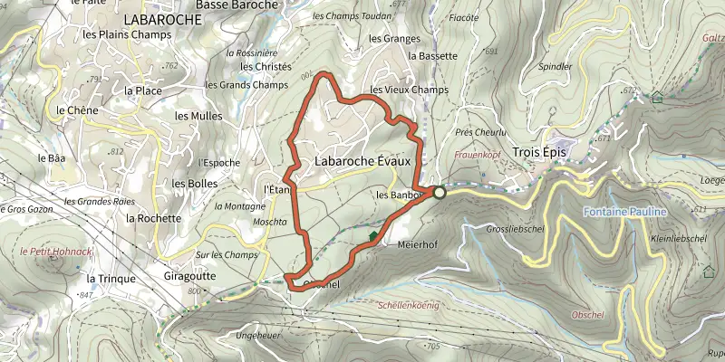 Carte du tracé de Circuit Labaroche Évaux sur le Plan IGN, départ et points de passage numérotés