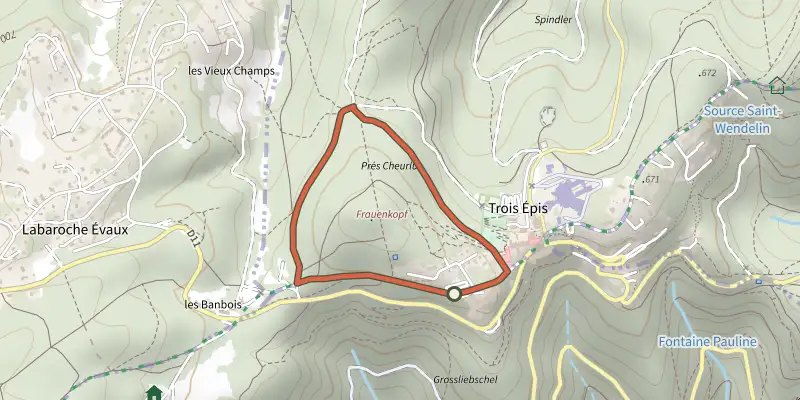 Map of the Tour du Frauenkopf track on the IGN map, with the start and numbered waypoints