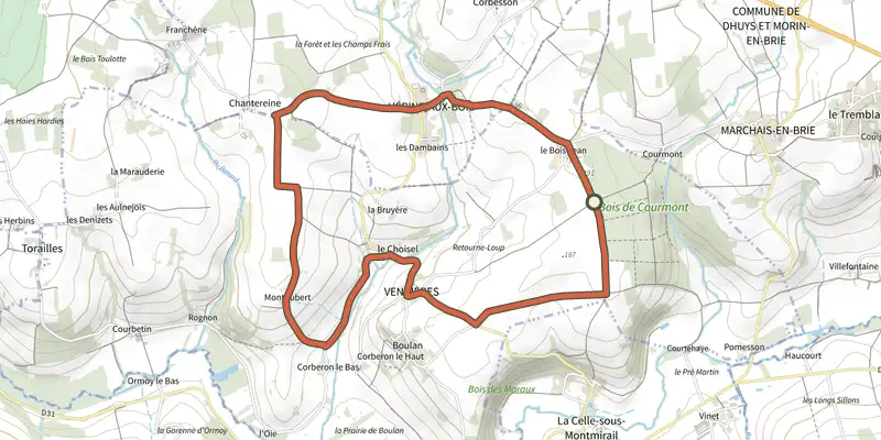 Map of the Au-Dessus du Petit Morin track on the IGN map, with the start and numbered waypoints