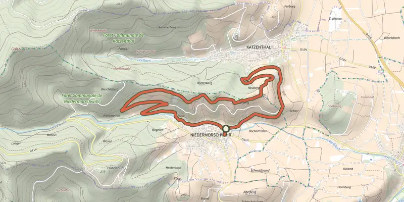Carte du tracé de Circuit Niedermorschwihr - Katzenthal sur OpenTopoMap, départ et points de passage numérotés