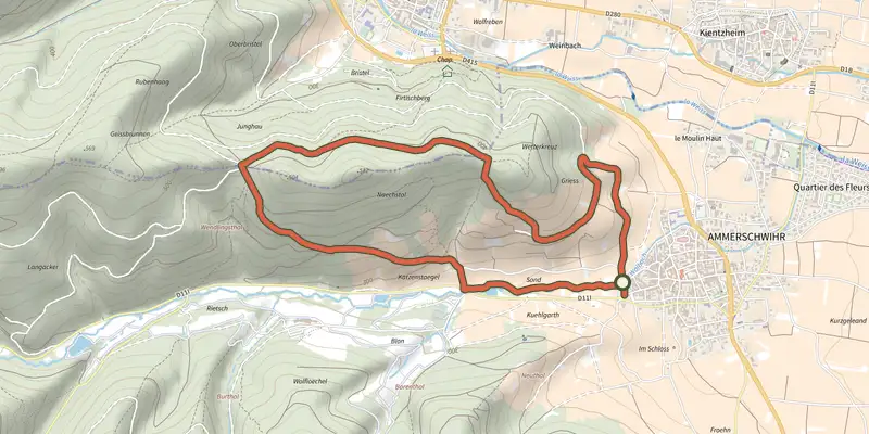 Carte du tracé de Circuit de la chapelle Flieger sur le Plan IGN, départ et points de passage numérotés