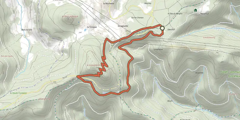 Carte du tracé de Circuit Obschel - Croix de Wihr sur le Plan IGN, départ et points de passage numérotés