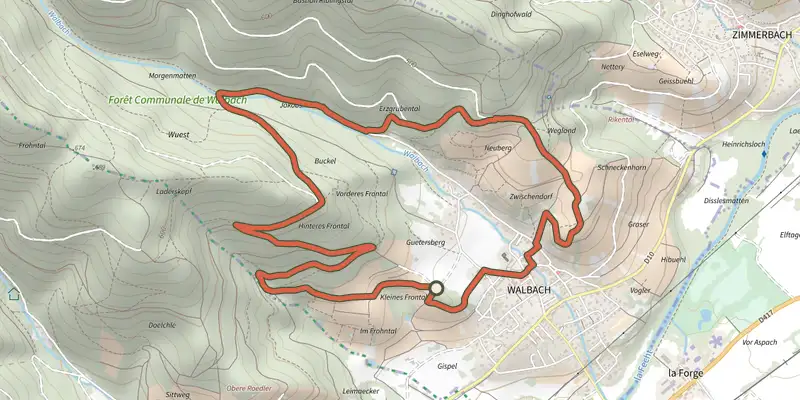 Carte du tracé de Circuit Chêne de la Vierge sur le Plan IGN, départ et points de passage numérotés