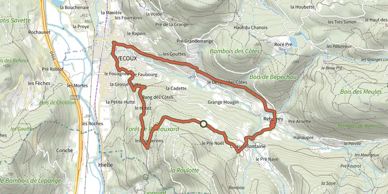 Carte du tracé de Circuit de Chaudefontaine sur le Plan IGN, départ et points de passage numérotés