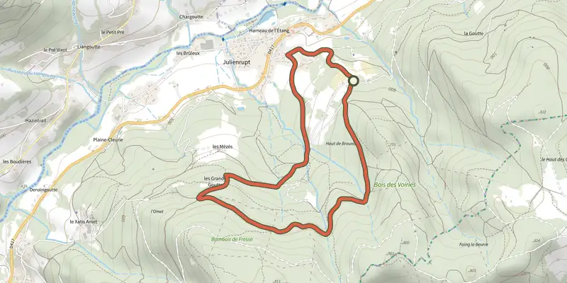 Map of the Sentier de découverte track on the IGN map, with the start and numbered waypoints