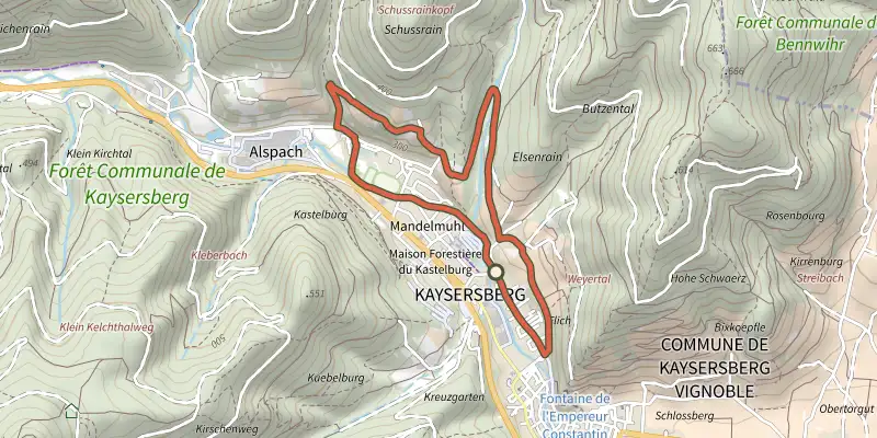 Carte du tracé de Circuit Alspach sur le Plan IGN, départ et points de passage numérotés