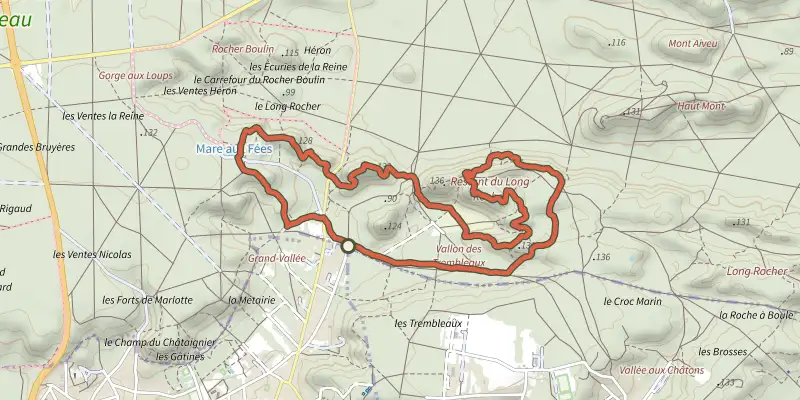 Carte du tracé de Sentier Denecourt-Colinet 11 sur le Plan IGN, départ et points de passage numérotés