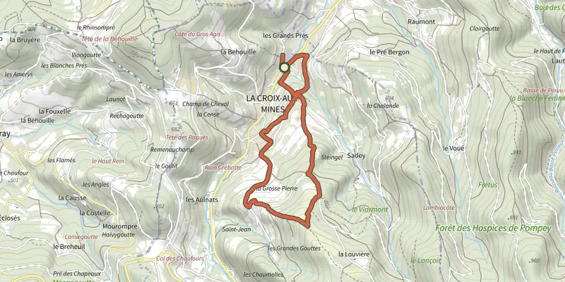 Carte du tracé de La Montagne d'Argent sur le Plan IGN, départ et points de passage numérotés