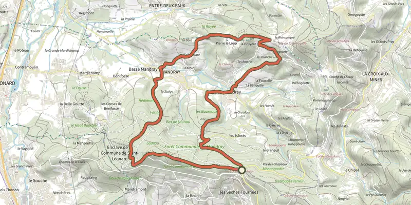 Map of the Circuit de la chapelle de Monthegoutte track on OpenTopoMap, with the start and numbered waypoints