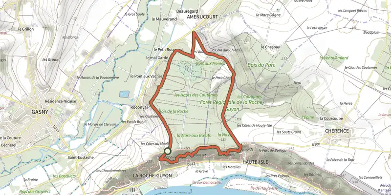 Map of the Les deux vallées track on the IGN map, with the start and numbered waypoints