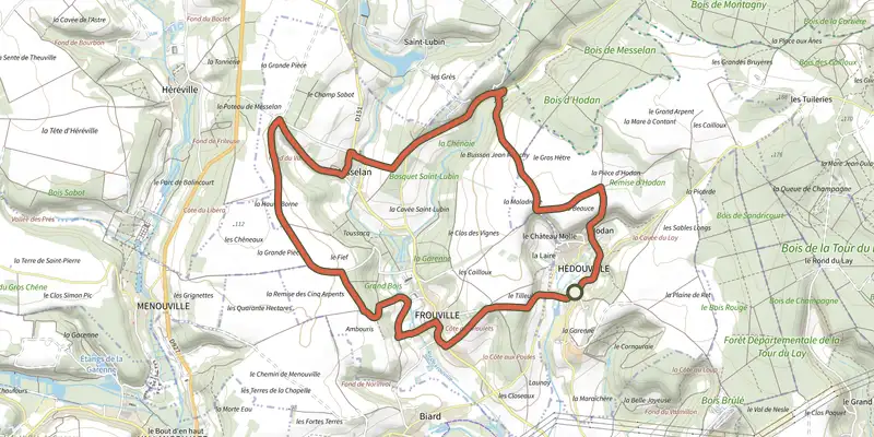 Carte du tracé de Les Quatre Villages sur le Plan IGN, départ et points de passage numérotés