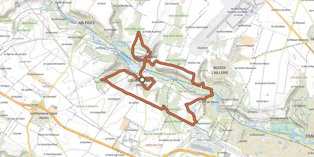Tracé de La Chaussée Jules César et la vallée de la Viosne sur le Plan IGN