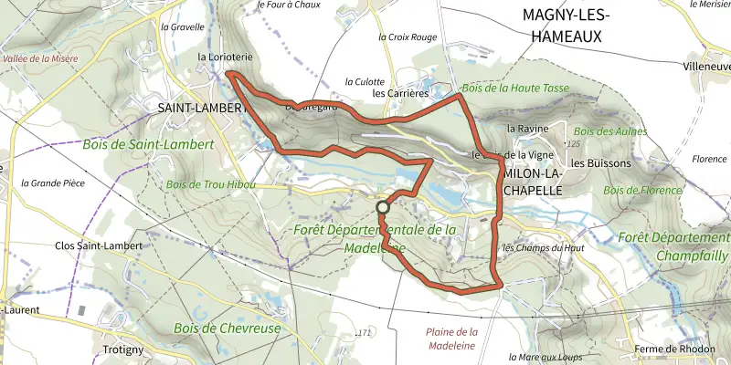 Carte du tracé de Des prairies du Rhodon au Château Vertcoeur sur le Plan IGN, départ et points de passage numérotés