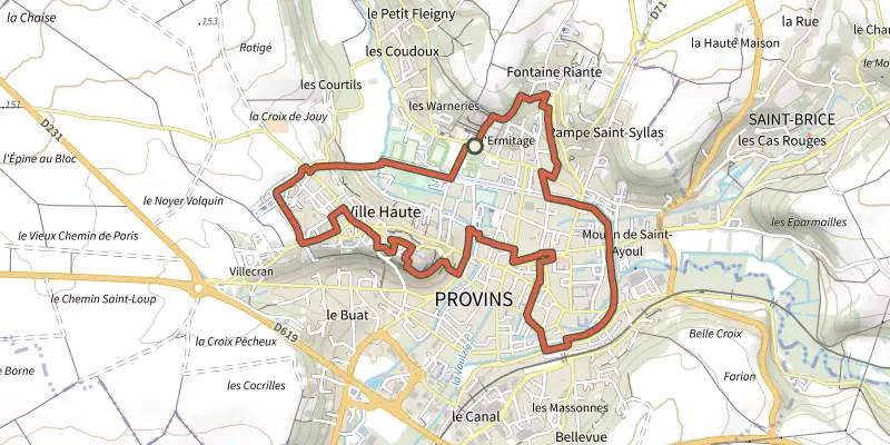 Carte du tracé de Cité médiévale de Provins sur le Plan IGN, départ et points de passage numérotés