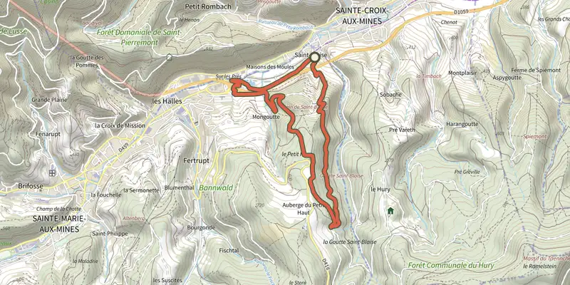 Carte du tracé de Circuit du Petit Haut sur le Plan IGN, départ et points de passage numérotés