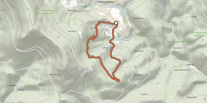 Carte du tracé de Circuit Eulental sur le Plan IGN, départ et points de passage numérotés