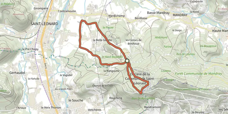Map of the Circuit du Haut Bourbier track on the IGN map, with the start and numbered waypoints
