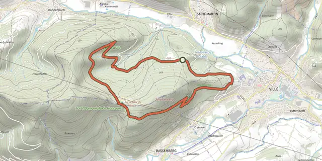 Tracé de Promenade circulaire en Forêt de Honcourt sur le Plan IGN