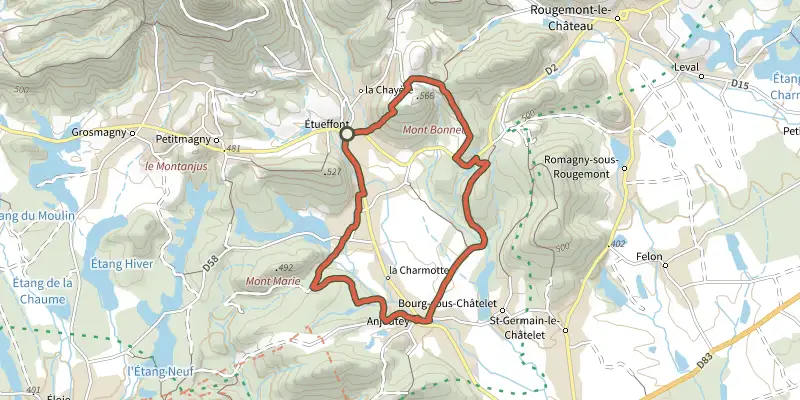 Carte du tracé de Balade du Mont Bonnet sur le Plan IGN, départ et points de passage numérotés
