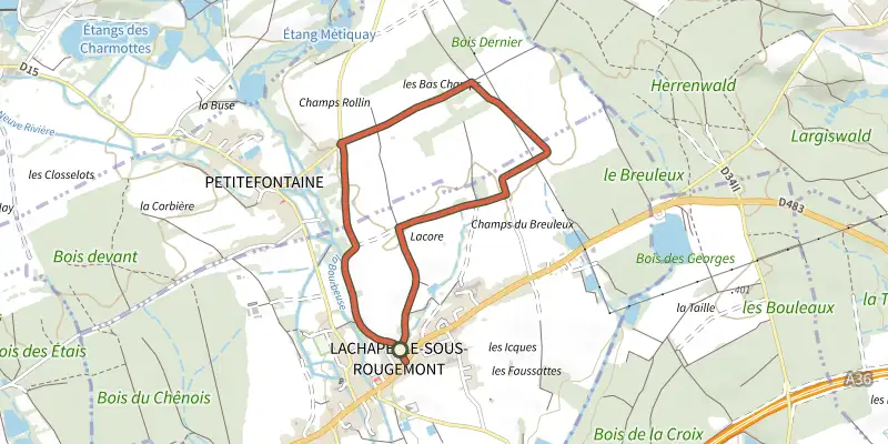 Carte du tracé de Balade des rapaces sur le Plan IGN, départ et points de passage numérotés