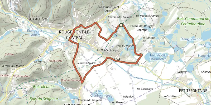 Carte du tracé de Balade des Bornes sur le Plan IGN, départ et points de passage numérotés