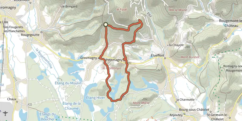 Map of the Balade sous le Fayé track on the IGN map, with the start and numbered waypoints