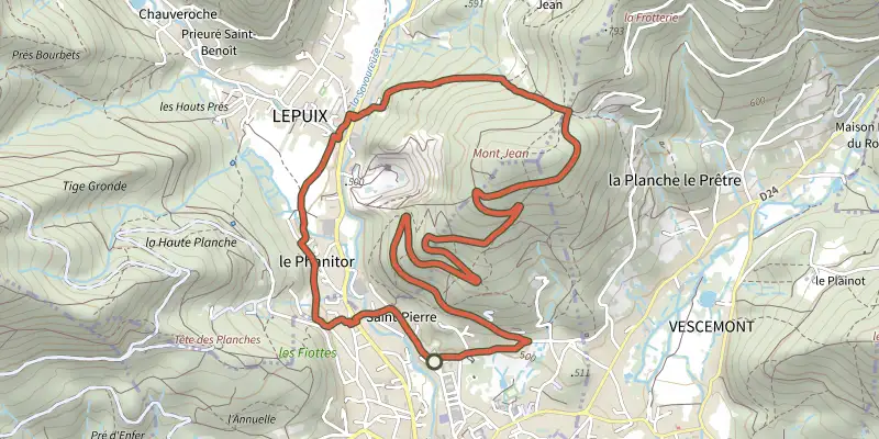 Map of the Boucle du Mont Jean track on the IGN map, with the start and numbered waypoints