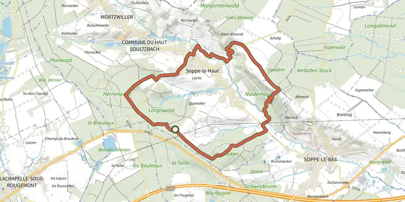Map of the Circuit du vallon du Soultzbach Est track on the IGN map, with the start and numbered waypoints
