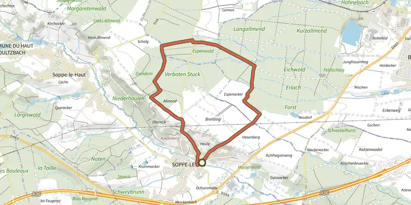 Map of the Circuit Espenacker track on OpenTopoMap, with the start and numbered waypoints