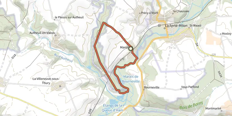 Carte du tracé de Marais de Bourneville sur le Plan IGN, départ et points de passage numérotés