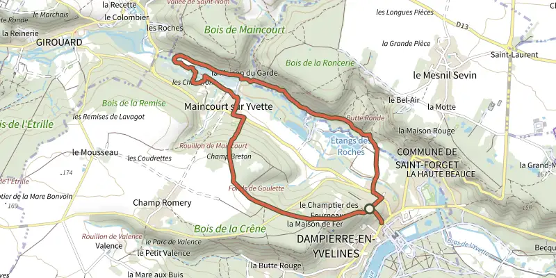 Map of the Château de Dampierre et marais de Maincourt track on the IGN map, with the start and numbered waypoints
