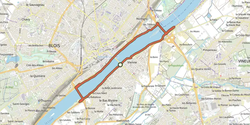 Carte du tracé de La rando des trois ponts de Blois sur le Plan IGN, départ et points de passage numérotés