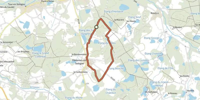 Map of the Circuit des étangs track on the IGN map, with the start and numbered waypoints