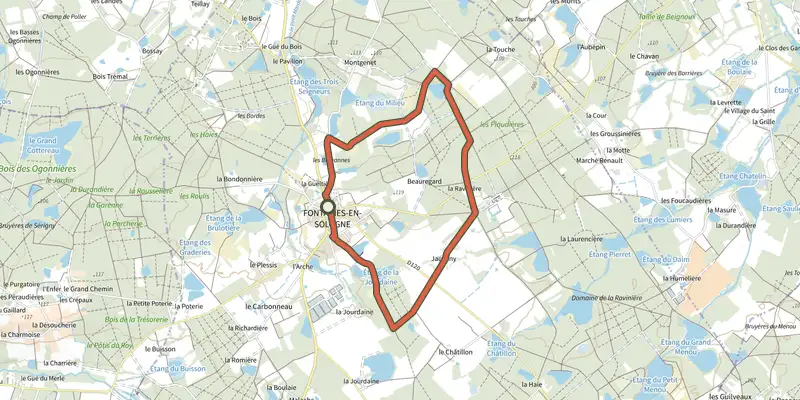 Carte du tracé de Circuit de Beauregard sur le Plan IGN, départ et points de passage numérotés