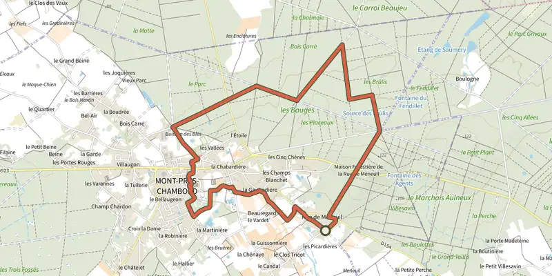Map of the Forêt et verger track on the IGN map, with the start and numbered waypoints