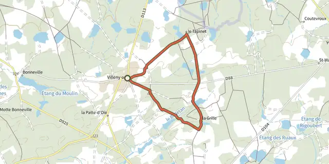 Tracé de De la Grille au Petit-Villiers sur le Plan IGN