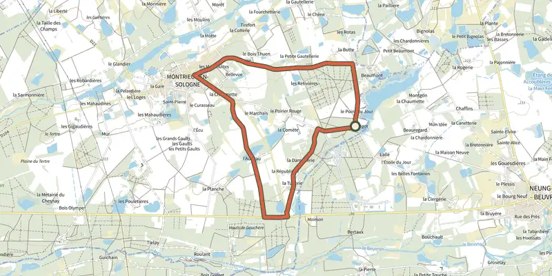 Carte du tracé de Circuit "Etang de Beaumont" sur OpenTopoMap, départ et points de passage numérotés