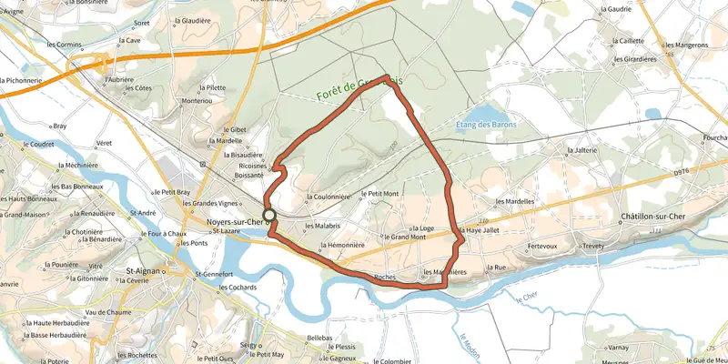 Carte du tracé de Forêt et vignoble sur le Plan IGN, départ et points de passage numérotés