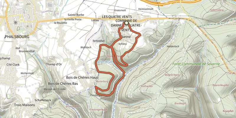 Carte du tracé de Circulaire de Danne sur le Plan IGN, départ et points de passage numérotés