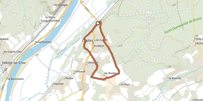 Map of the Circuit de la Chesnaie track on the IGN map, with the start and numbered waypoints