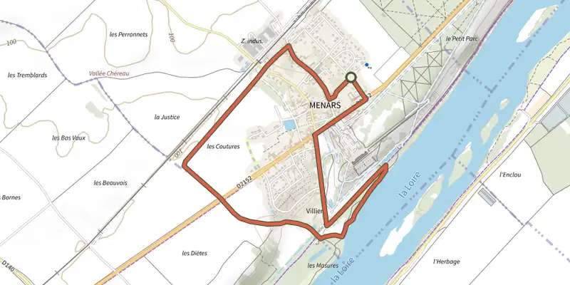 Map of the Circuit de la marquise de Pompadour track on the IGN map, with the start and numbered waypoints