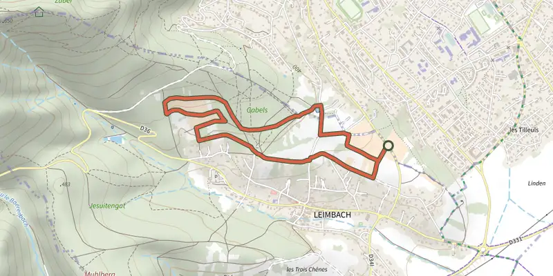 Map of the Sentier viticole du Gottelstal track on the IGN map, with the start and numbered waypoints