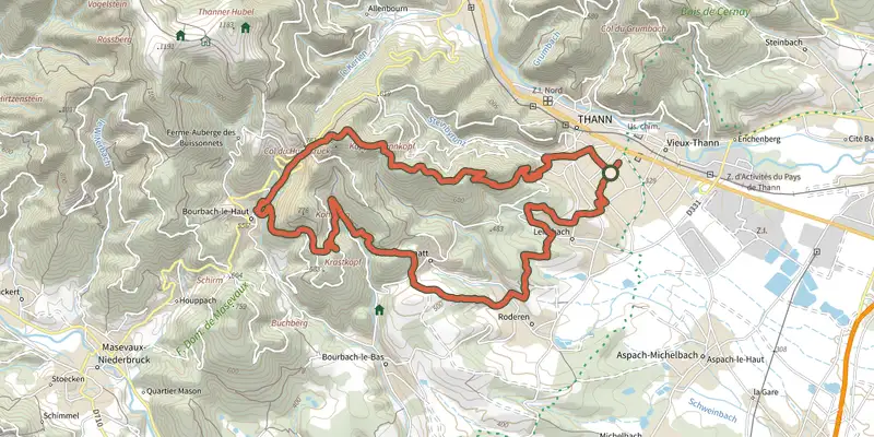 Carte du tracé de Voyage aux Pays de Thann sur le Plan IGN, départ et points de passage numérotés