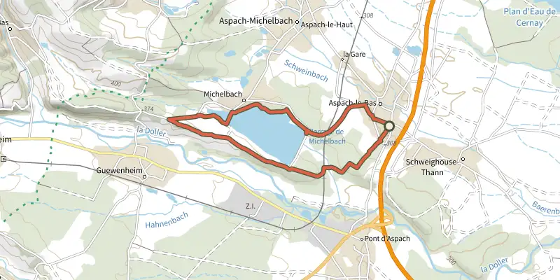 Carte du tracé de Autour du barrage de Michelbach sur le Plan IGN, départ et points de passage numérotés