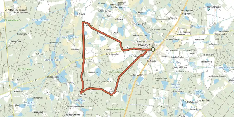 Map of the Les Bourdinières track on the IGN map, with the start and numbered waypoints