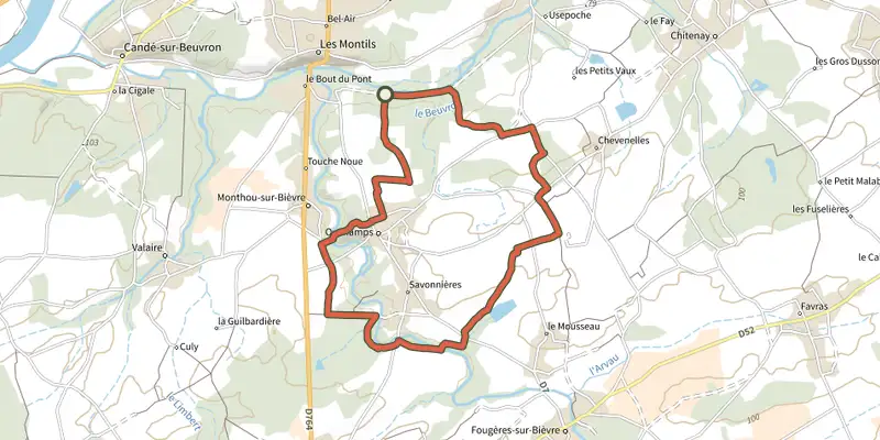 Carte du tracé de En passant par les bois sur le Plan IGN, départ et points de passage numérotés