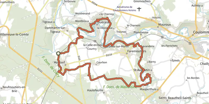 Map of the La Brie Verte - Boucle 2 - Forêt de Malvoisine track on the IGN map, with the start and numbered waypoints