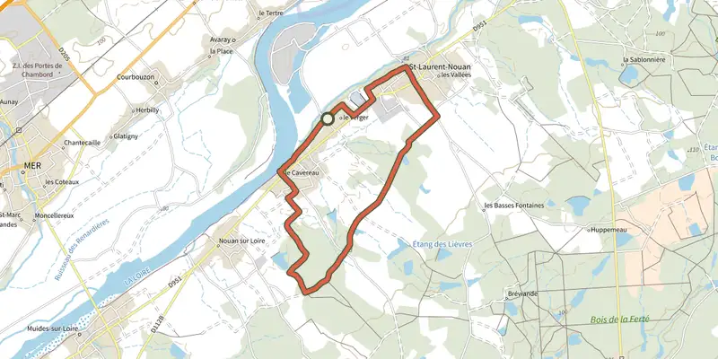 Carte du tracé de Entre Loire et Sologne sur le Plan IGN, départ et points de passage numérotés