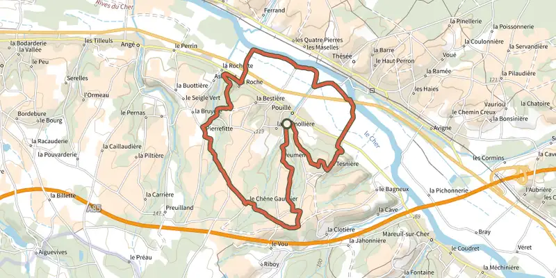 Map of the Entre vigne et val track on the IGN map, with the start and numbered waypoints