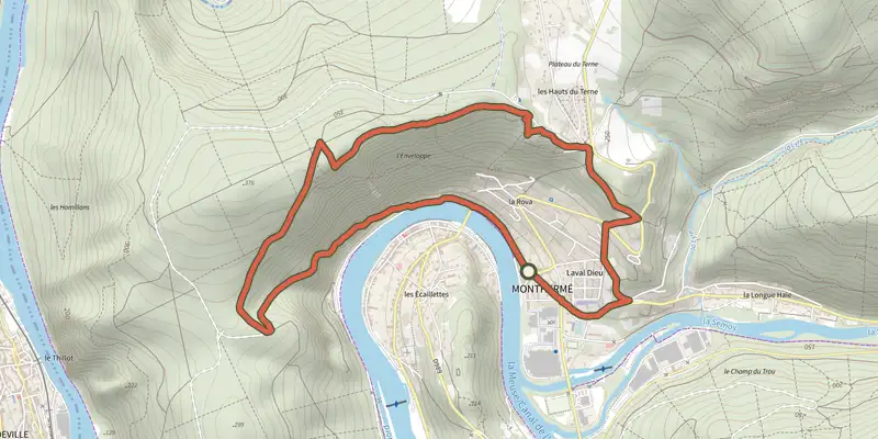 Carte du tracé de La Roche à Sept-Heures sur le Plan IGN, départ et points de passage numérotés